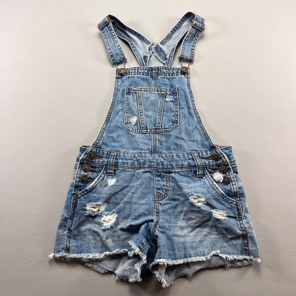 Rewash Overalls Girls Large Blue Denim Stretch Medium Wash Distressed Raw Hem